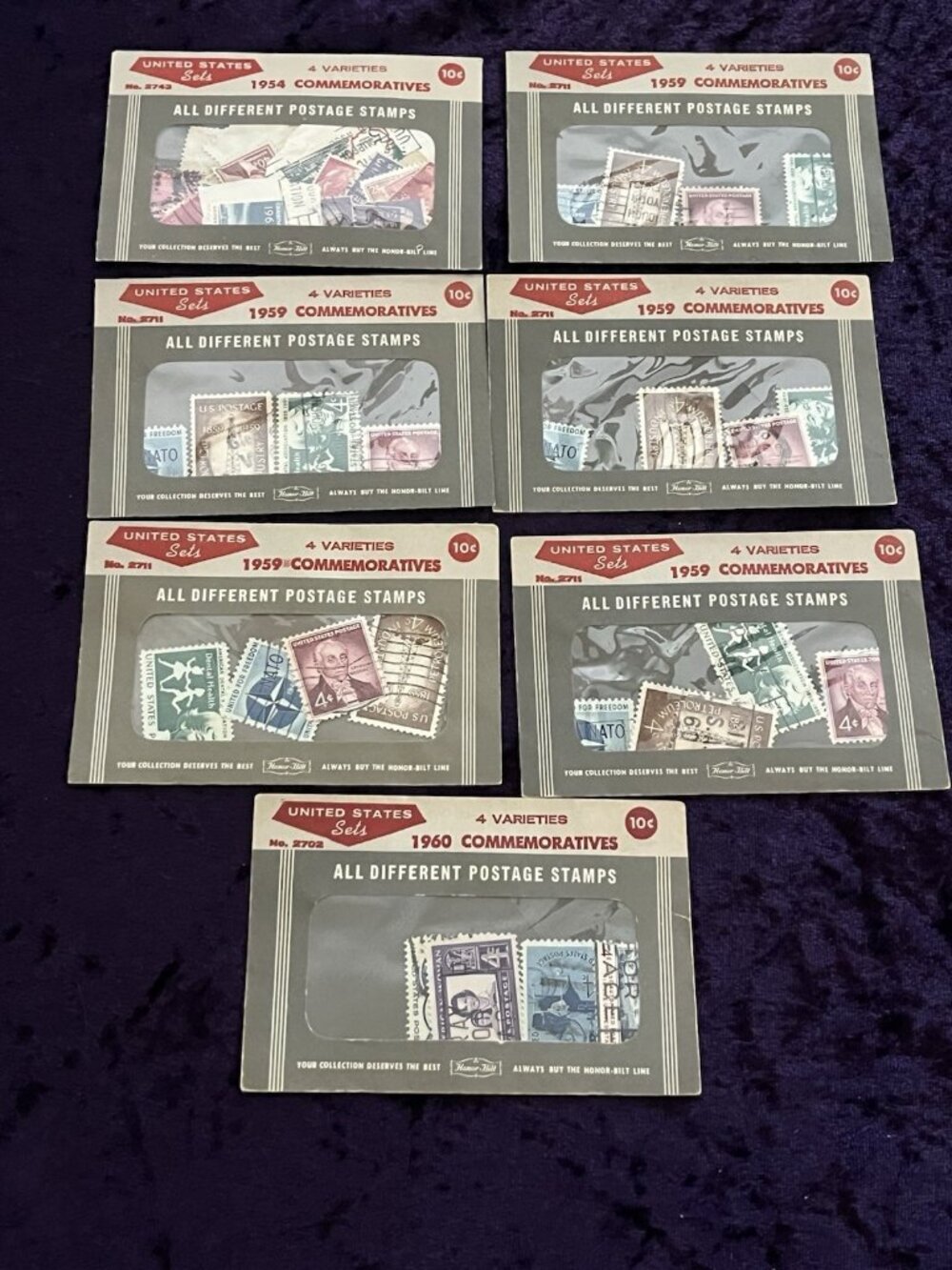7 Honor Bilt Stamp Packets Envelopes Commemorative Events 1954 1959 1960 Vintage